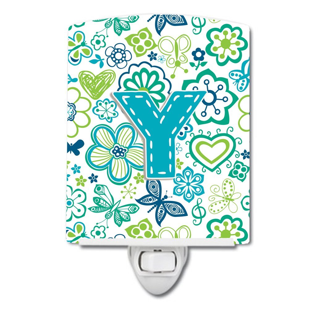 Caroline's Treasures CJ2006-YCNL Letter Y Flowers and Butterflies Teal Blue Ceramic Night Light, 6x4x3, Multicolor