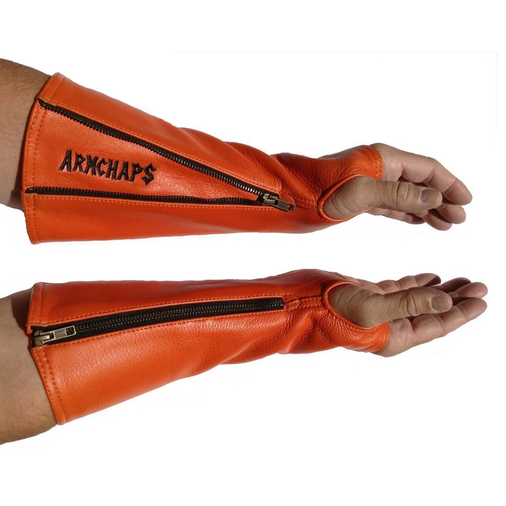 Arm Chaps Leather Protective Sleeves Arm Guard - Prevent Cuts, Scratches & Bruises - Genuine Cowhide - Ideal for Gardening & Construction - Left & Right Form-Fitting. Orange (1 Pair/Small).