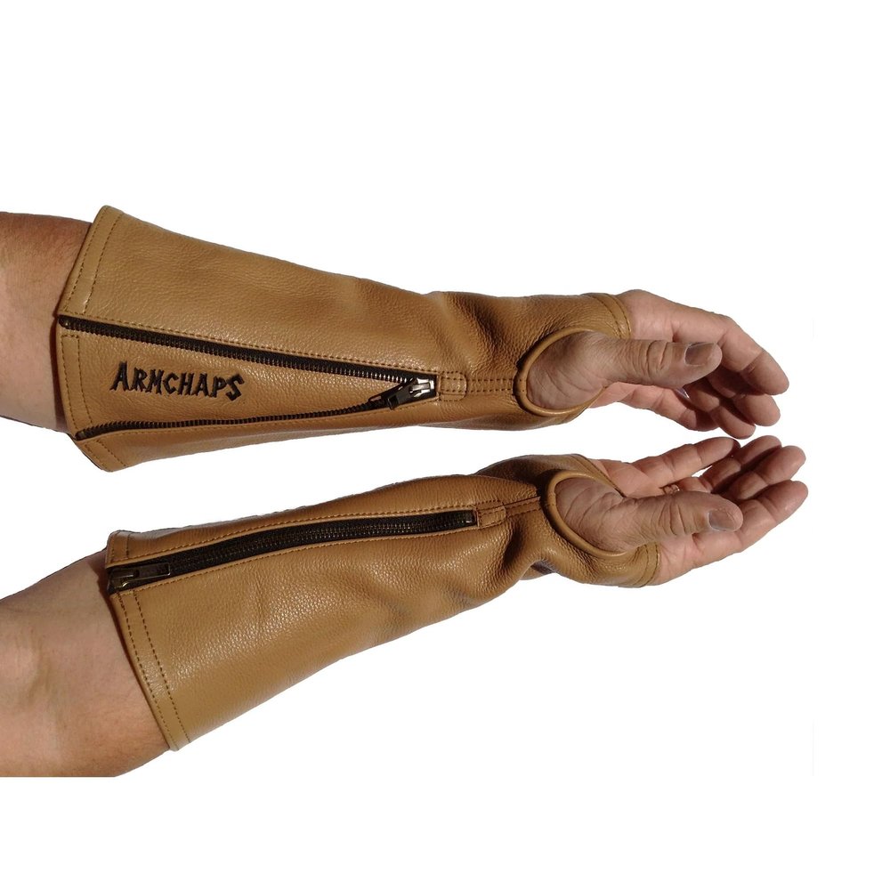 Arm Chaps Leather Protective Sleeves Arm Guard - Prevent Cuts, Scratches & Bruises - Genuine Cowhide - Ideal for Gardening & Construction - Left & Right Form-Fitting. Brown (1 Pair/Medium).