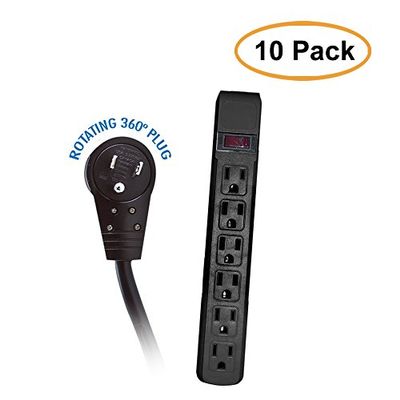 ACL 15 Feet Surge Protector, Flat Rotating Plug, 6 Outlet, Black Horizontal Outlets, Plastic, Power Cord, 10 Pack
