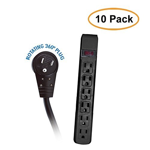ACL 15 Feet Surge Protector, Flat Rotating Plug, 6 Outlet, Black Horizontal Outlets, Plastic, Power Cord, 10 Pack