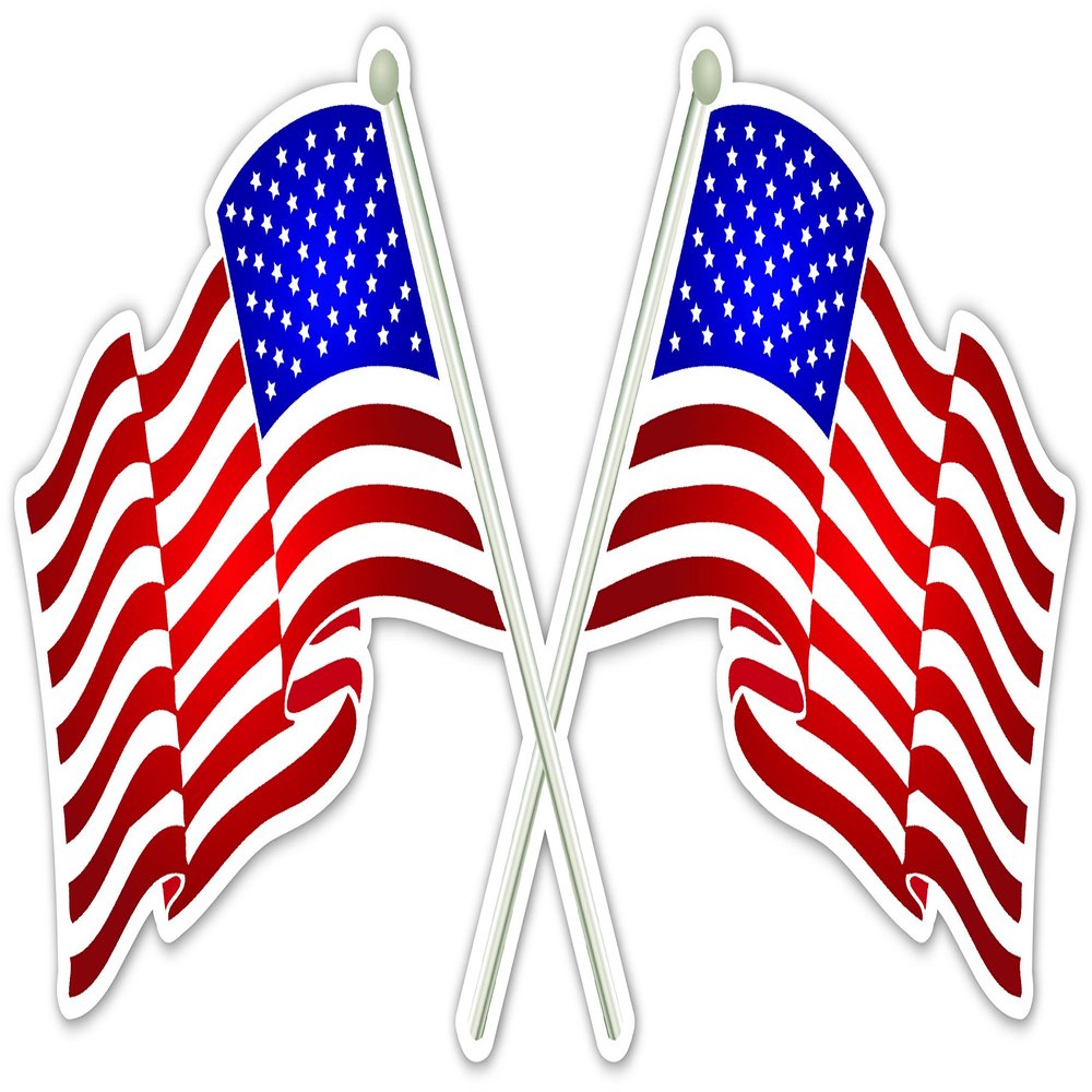 Double Proud US American Flag Crossing Vinyl Decal Bumper Sticker 4.5 X 9