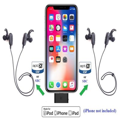 KOKKIA i10L_aptX_Plus_2MarathonS : Digital i10L_aptX Bluetooth Splitter Transmitter for iPhone, iPad, iPod Touch with Lightning Connector Plus 2 Tiny Marathons aptX Bluetooth Stereo Headsets.