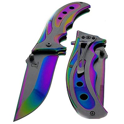 Falcon Folding Pocket Knife with Belt Clip, 8-Inch 440 Stainless Steel Blade and 2-Tone Titanium Color Handle - Rainbow