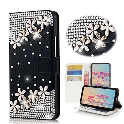 STENES Bling Phone Case Compatible with iPod Touch (6th Generation) Case - Stylish - 3D Handmade Bling Crystal Flowers Floral Desgin Wallet Credit Card Slots Fold Media Stand Leather Cover - Black