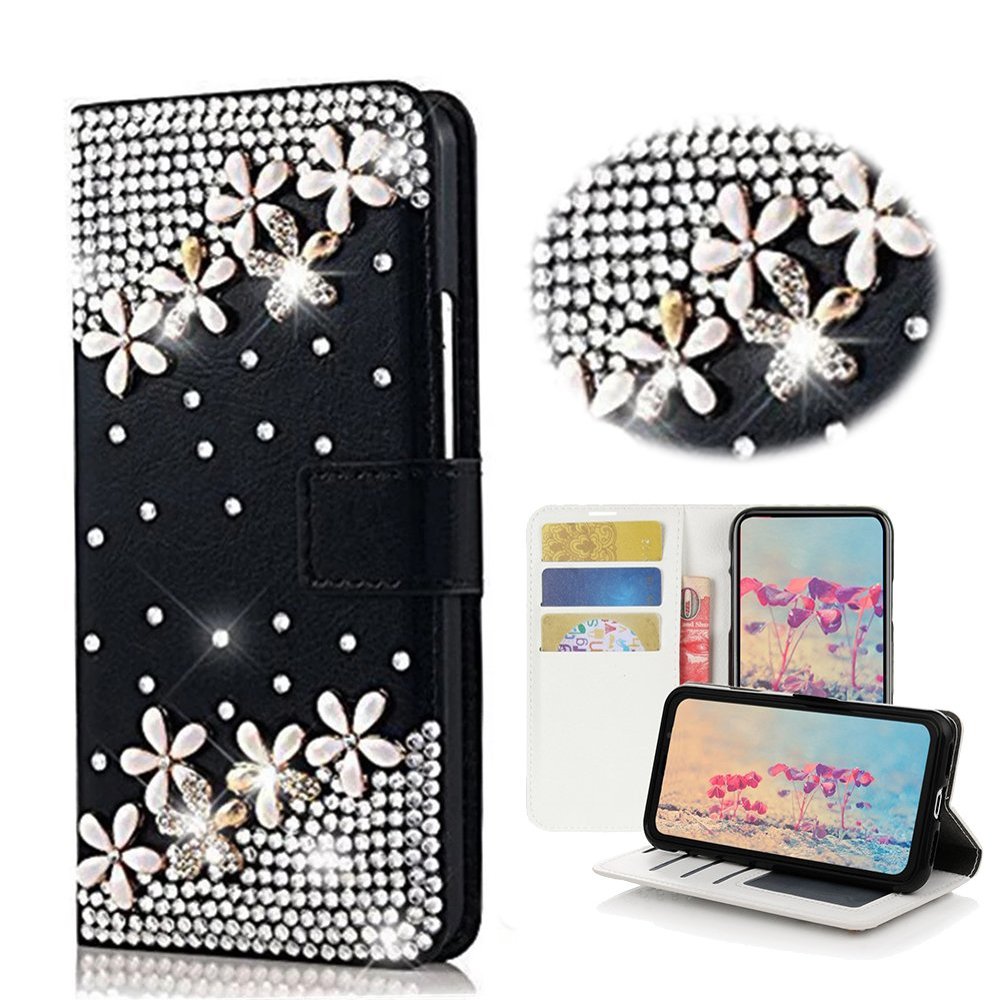 STENES Bling Phone Case Compatible with iPod Touch (6th Generation) Case - Stylish - 3D Handmade Bling Crystal Flowers Floral Desgin Wallet Credit Card Slots Fold Media Stand Leather Cover - Black