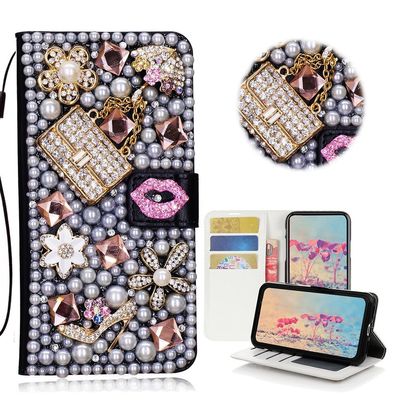 STENES Bling Phone Case Compatible with iPod Touch (6th Generation) Case - Stylish - 3D Handmade Crystal Sexy Girls Bag High Heel Lips Wallet Credit Card Slots Fold Media Stand Leather Cover - Pink