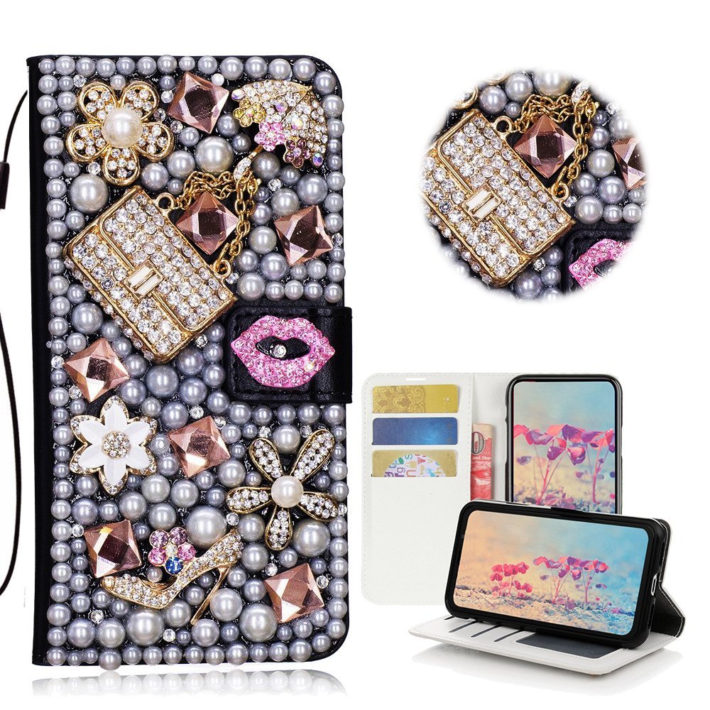 STENES Bling Phone Case Compatible with iPod Touch (6th Generation) Case - Stylish - 3D Handmade Crystal Sexy Girls Bag High Heel Lips Wallet Credit Card Slots Fold Media Stand Leather Cover - Pink