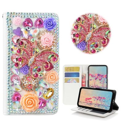 STENES Bling Phone Case Compatible with iPod Touch (6th Generation) Case - Stylish - 3D Handmade Bling Crystal Rose Butterfly Flowers Wallet Credit Card Slots Fold Media Stand Leather Cover - Pink