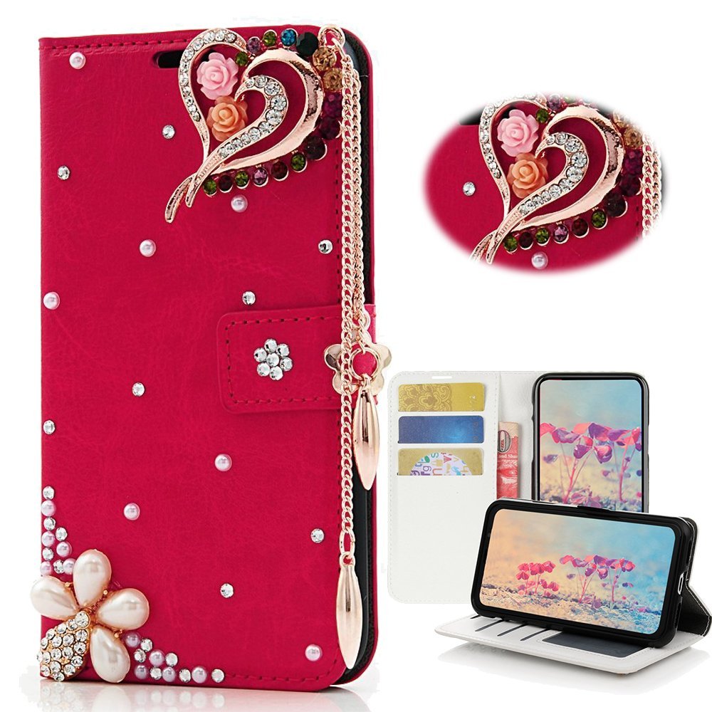 STENES Bling Phone Case Compatible with iPod Touch (6th Generation) Case - Stylish - 3D Handmade Bling Crystal Rose Heart Pendant Flowers Wallet Credit Card Slots Fold Media Stand Leather Cover - Red