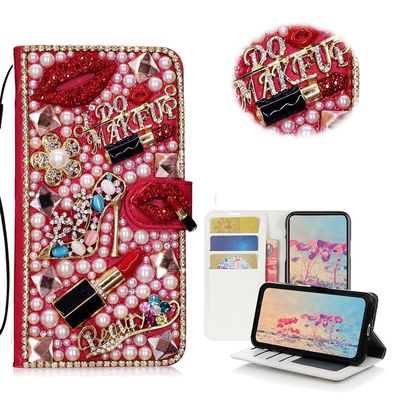 STENES Bling Phone Case Compatible with iPod Touch (6th Generation) Case - Stylish - 3D Handmade Crystal Girls Lipstick High Heel Flowers Wallet Credit Card Slots Fold Media Stand Leather Cover - Red