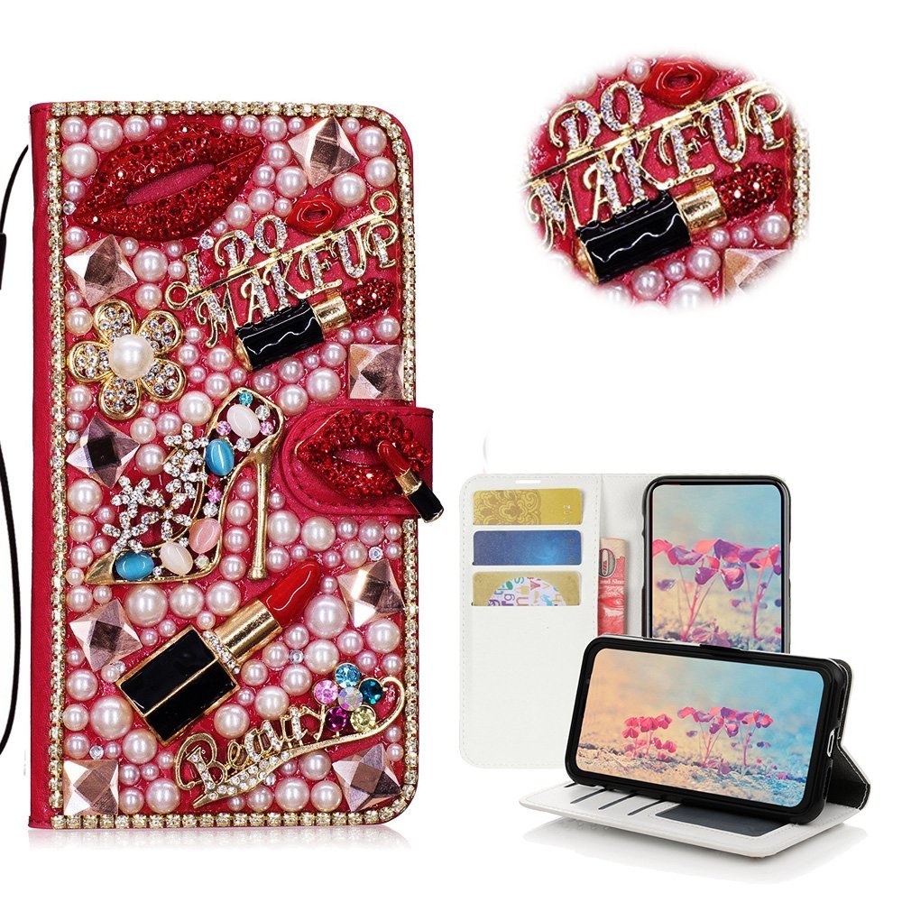 STENES Bling Phone Case Compatible with iPod Touch (6th Generation) Case - Stylish - 3D Handmade Crystal Girls Lipstick High Heel Flowers Wallet Credit Card Slots Fold Media Stand Leather Cover - Red