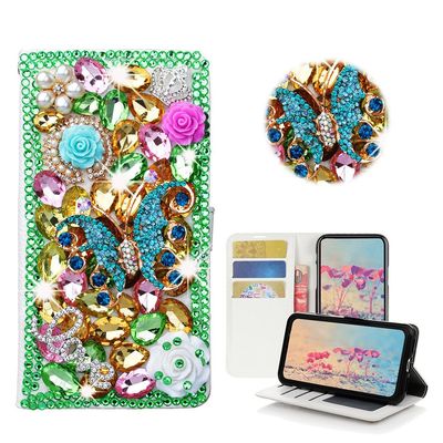 STENES Bling Phone Case Compatible with iPod Touch (6th Generation) Case - Stylish - 3D Handmade Bling Crystal Butterfly Rose Flowers Wallet Credit Card Slots Fold Media Stand Leather Cover - Green