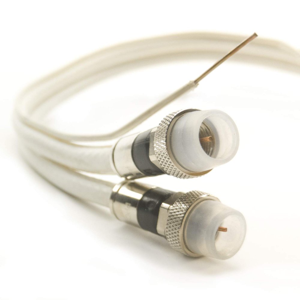 190ft White, 3GHz Aerial Dual Solid Copper RG6 w/Copper Ground Messenger Coaxial Cable 18AWG Weather Seal Brass Connectors UL ETL HD Satellite, Assembled in USA