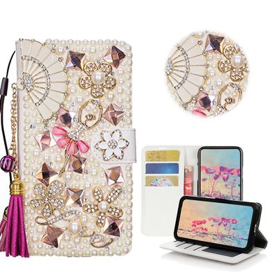 STENES Bling Phone Case Compatible with iPod Touch (6th Generation) Case - Stylish - 3D Handmade Crystal Fan Tassel Pendant Ballet Girls Wallet Credit Card Slots Fold Stand Leather Cover - Hot Pink