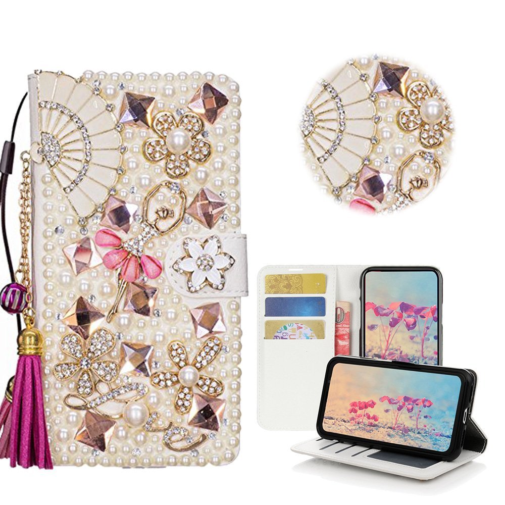 STENES Bling Phone Case Compatible with iPod Touch (6th Generation) Case - Stylish - 3D Handmade Crystal Fan Tassel Pendant Ballet Girls Wallet Credit Card Slots Fold Stand Leather Cover - Hot Pink