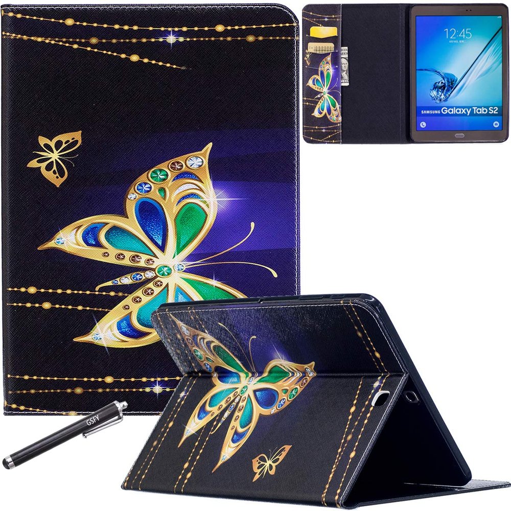 Galaxy Tab S2 9.7 Case, Newshine PU Leather Folio Protective Tablet Case with Card Slots [Multi-Stand View Angles] for Samsung Galaxy Tab S2 9.7 inch SM-T815/T810, Butterfly 1