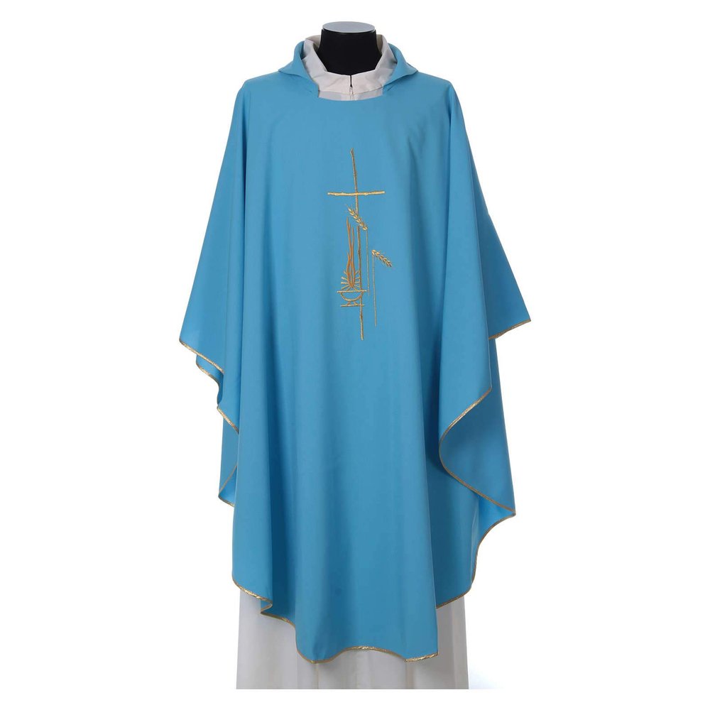 Light Blue Liturgical Chasuble with Wheat Lantern and Thin Cross in Polyester