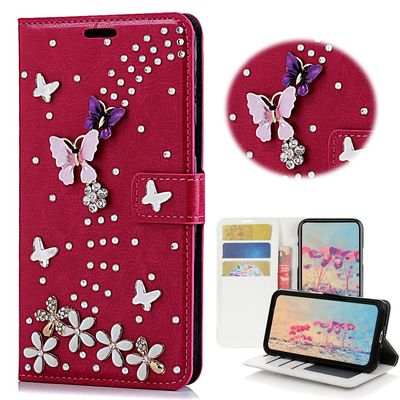 STENES Bling Phone Case Compatible with iPod Touch (6th Generation) Case - Stylish - 3D Handmade Bling Crystal S-Link Butterfly Floral Wallet Credit Card Slots Fold Media Stand Leather Cover - Red