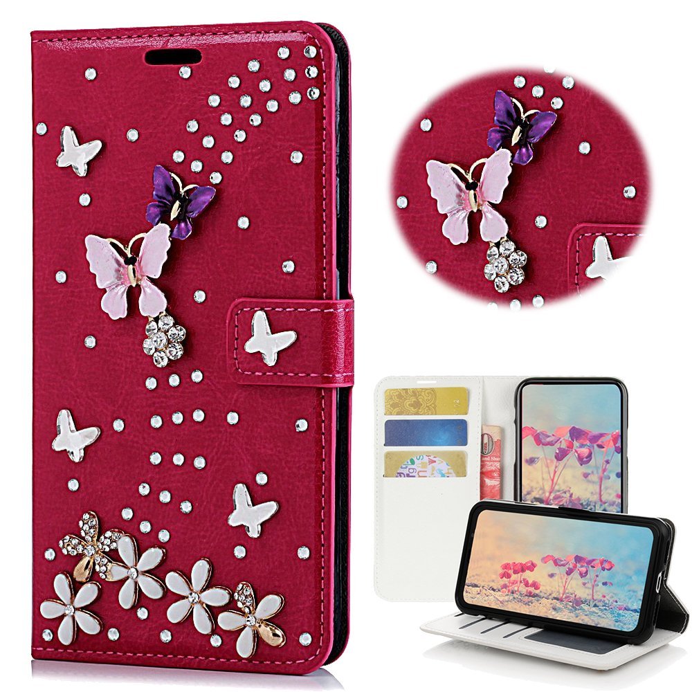 STENES Bling Phone Case Compatible with iPod Touch (6th Generation) Case - Stylish - 3D Handmade Bling Crystal S-Link Butterfly Floral Wallet Credit Card Slots Fold Media Stand Leather Cover - Red