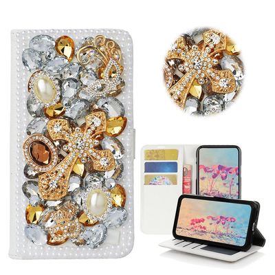 STENES Bling Phone Case Compatible with iPod Touch (6th Generation) Case - Stylish - 3D Handmade Bling Crystal Mask Cross Desgin Wallet Credit Card Slots Fold Media Stand Leather Cover - Gold