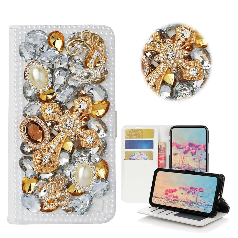 STENES Bling Phone Case Compatible with iPod Touch (6th Generation) Case - Stylish - 3D Handmade Bling Crystal Mask Cross Desgin Wallet Credit Card Slots Fold Media Stand Leather Cover - Gold