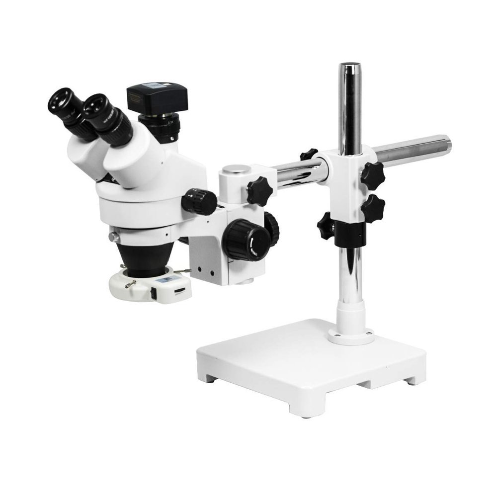 3.5X-45X LED Trinocular Zoom Stereo Microscope USB 5MP Digital Video Camera Boom Stand Widefield WF 10X High Eyepoint Eyepiece Heavy Duty Metal Base 64LED Ring Light 76mm 32mm Focusing Rack SZ02010433
