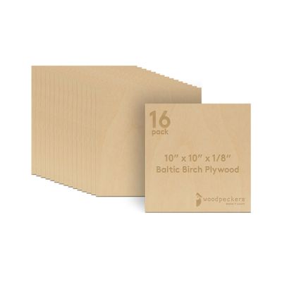3 mm Baltic Birch Plywood 1/8 x 10 x 10 Inch, Box of 16 B/BB Grade Craft Wood, Stronger Than Basswood Sheets, for Laser, CNC Cutting and Wood Burning, by Woodpeckers