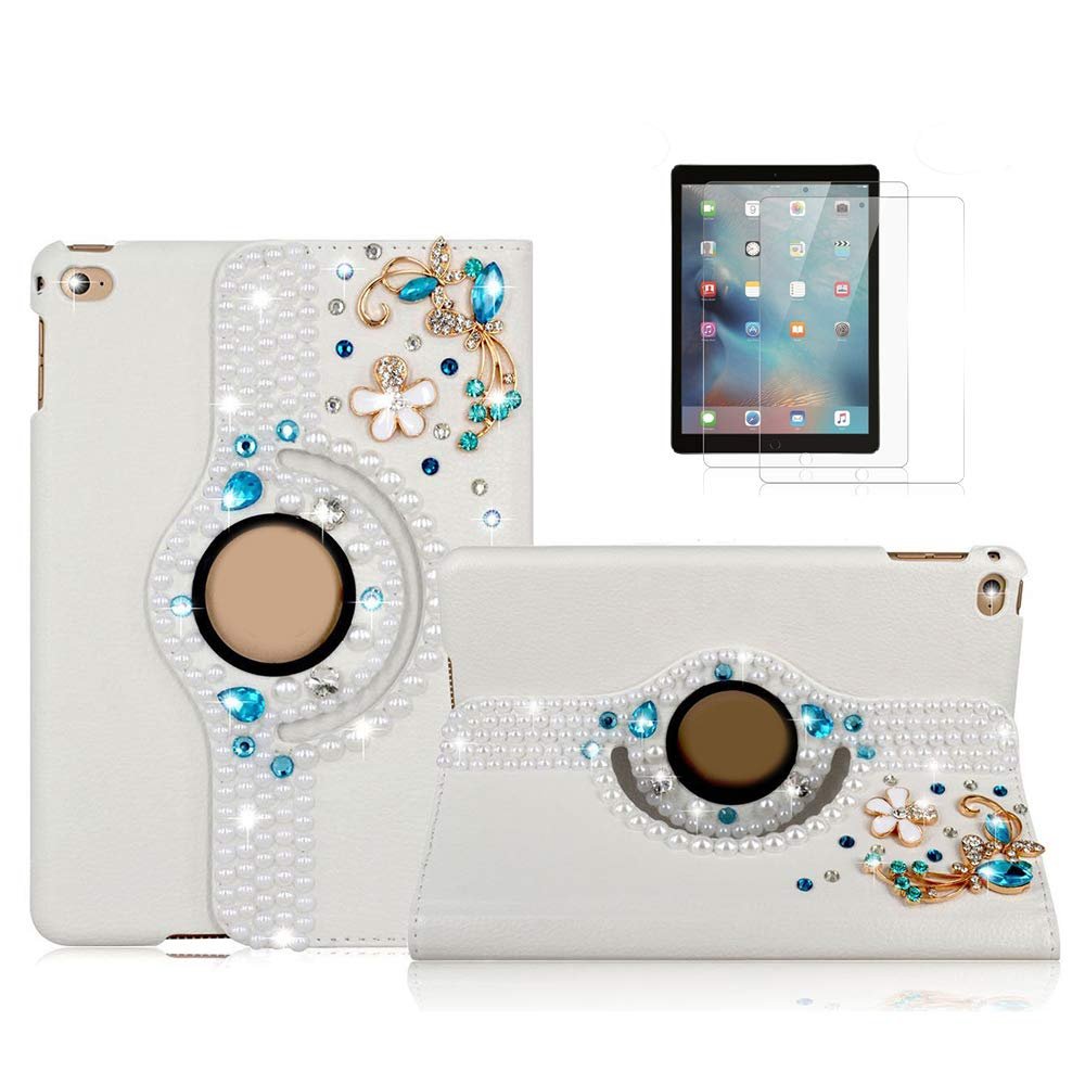 STENES Bling Case Compatible with iPad Mini 3/2/1 Case - 3D Handmade Crystal Pretty Butterfly Flowers 360 Degree Rotating Stand With Smart Cover Auto Sleep/Wake - Blue