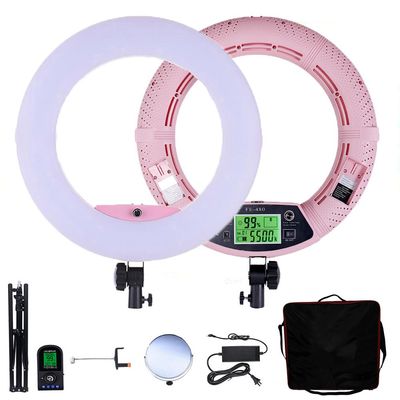 Yidoblo 18 inch LED Ring Light FE-480II Dimmable Lighting Kit with Phone Holder, Mirror, Tripod Stand, Remote Control and Carrying Case for Makeup, YouTube Vine Videos, Selfies, Portrait, Photos Pink