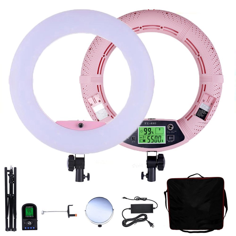 Yidoblo 18 inch LED Ring Light FE-480II Dimmable Lighting Kit with Phone Holder, Mirror, Tripod Stand, Remote Control and Carrying Case for Makeup, YouTube Vine Videos, Selfies, Portrait, Photos Pink