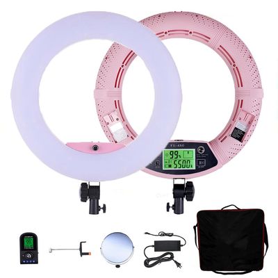 Yidoblo 18" LED Ring Light FE-480II Dimmable Bi-Color Ringlight with Phone Holder, Mirror, Remote Control & Travel Case for Makeup, YouTube Videos, Selfies, Portrait,Photos Photography Lighting Pink