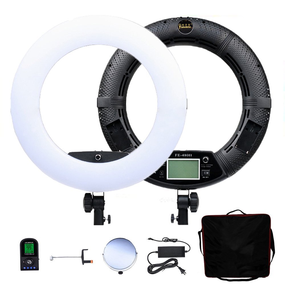 Yidoblo 18" LED Ring Light FE-480II Dimmable Bi-Color Ringlight with Phone Holder, Mirror, Remote Control & Travel Case for Makeup, YouTube Videos, Selfies, Portrait,Photos Photography Lighting Black