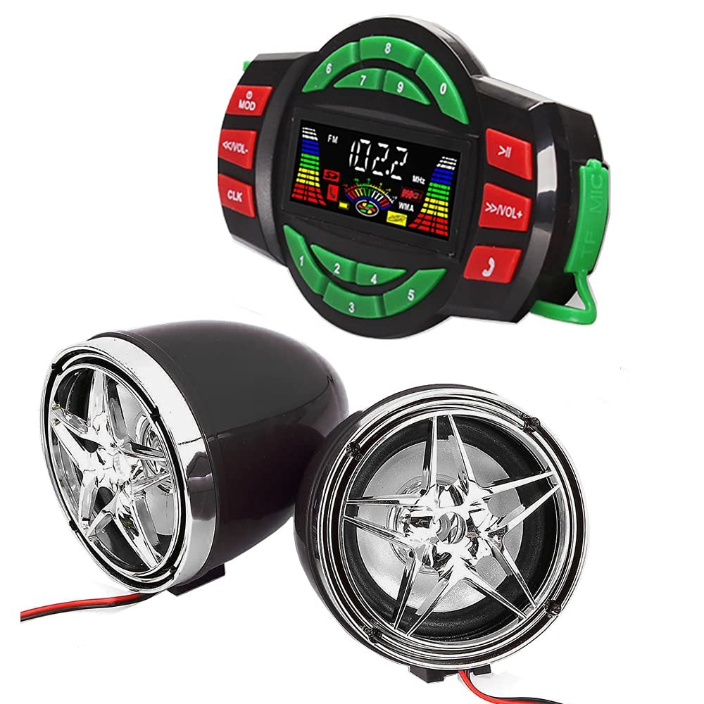 Beyondcity UTV ATV Bluetooth Amplifier Sound System Hand-Free Speakers FM USB Audio System Stereo 3 Inch Speakers 12V Motorcycle Waterproof Audio FM Radio Stereo Speaker (Chrome&Black Star Speaker)