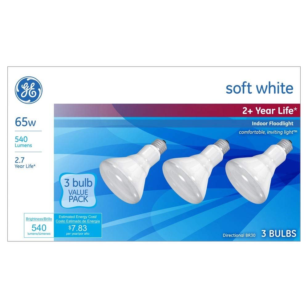 GE 65-Watt R30 Long Life Incandescent Light Bulb Soft White 3pk
