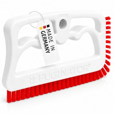 FUGINATOR Grout Brush White/Red - Ergonomic Heavy Duty Cleaning Brush for Bathroom, Shower & Kitchen - Deep Detail Scrubber for Wall & Floor Tiles, Crevices & Tight Spaces - Made in Germany