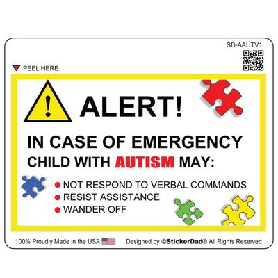 Alert Child with Autism V1 Full Color Printed Sticker by StickerDad - Size: 5", Color: Full - for Windows, Walls, Bumpers, Laptop, Lockers, etc.