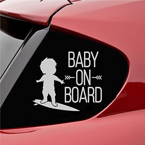 Baby on Board with Baby on surf Board Vinyl Decal Sticker (Satin Silver)