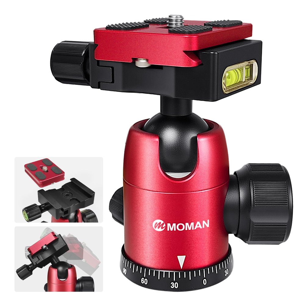 Moman Camera Tripod Head Universal Ball Head with Quick Release Plate for DSLR Canon Nikon, Anodic Oxide Film of CNC Aluminum, 360 Panning, Max Load of 10kg and 200mm Lens