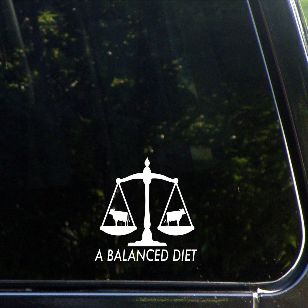 A Balanced Diet (Cows) - 4-1/2" x 3-3/4" - Vinyl Die Cut Decal/Bumper Sticker for Windows, Cars, Trucks, Laptops, Etc.
