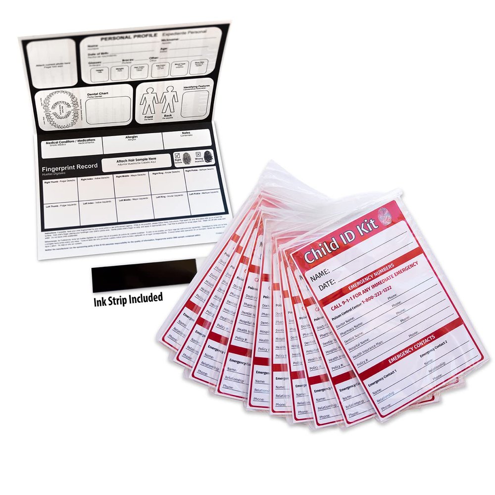 ZOCO  Child ID Kits (10-Pack)  Identification Cards for Kids with Fingerprint Ink Strip  Emergency Safety Kit for Parents Schools Daycare Travel  Missing Child Preparedness  Made in USA