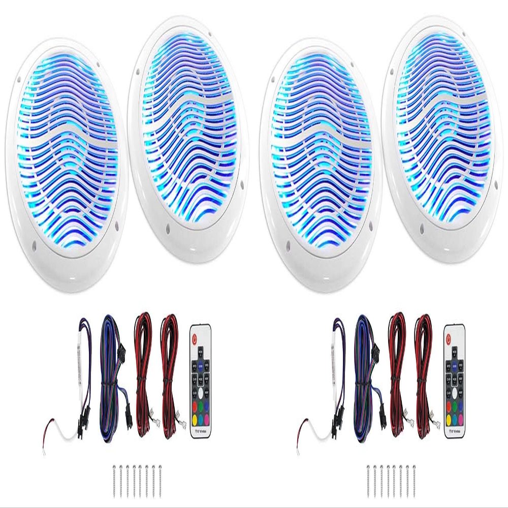 Rockville RMC65LW 1200W Peak / 300W RMS 2-Way White Marine Speakers, Multi-Color LED Lighting, Remote Control, Waterproof, for Boats and Hot Tubs, 4-Piece