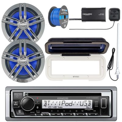 Kenwood Single DIN USB Marine AM/FM Bluetooth CD Digital Media Receiver, Radio Cover, 2X 6.5 180 Watt Max Power 2-Way Boat Speakers (Charcoal), Satellite Radio Tuner Kit, White Radio Antenna, Wire