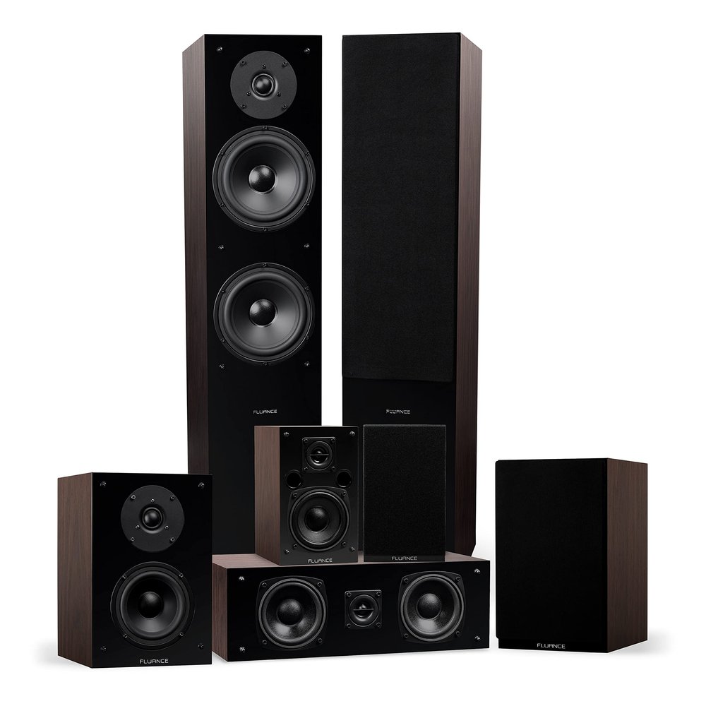 Fluance Elite High Definition Surround Sound Home Theater 7.0 Channel Speaker System Including 3-Way Floorstanding Towers, Center Channel, Surround and Rear Surround Speakers - Walnut (SX70WR)