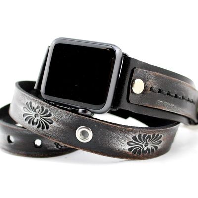 Black Leather Apple Watch Strap Floral Engraved Wrap Band, Women's Apple Watch Strap, Series 1-10, Ultra 1-2, Handmade, Metallic