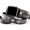 Black Leather Apple Watch Strap  Floral Engraved Wrap Band, Women's Apple Watch Strap, Series 1-10, Ultra 1-2, Handmade, Metallic view 1