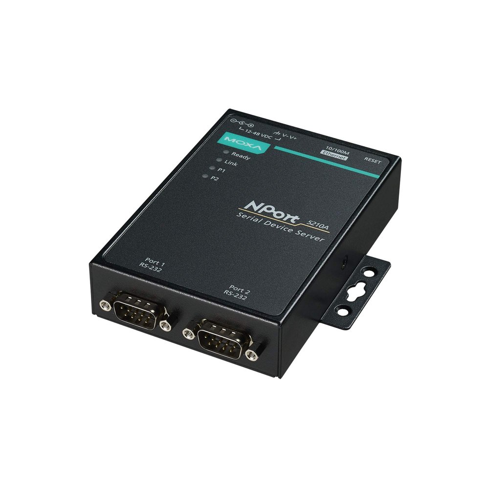 Moxa NPort 5210A - 2 Ports Device Server, 10/100M Ethernet, RS-232, DB9 Male, 15KV ESD, 0.5KV Serial Surge, 12~48VDC, 0~60C