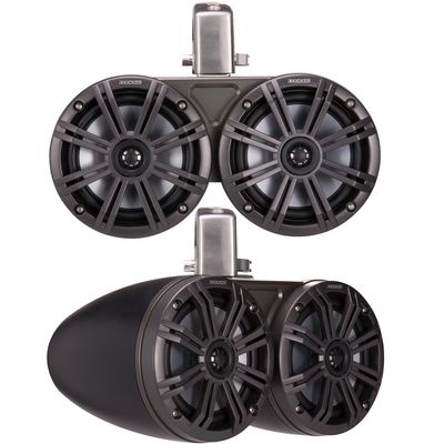 KICKER 45KMTDC65 Marine Tower Speakers with Swivel Clamps & 45KM654L Speakers Charcoal Grills with Black Enclosures