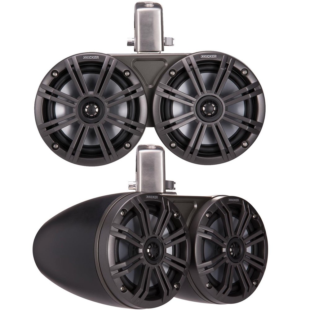 KICKER 45KMTDC65 Marine Tower Speakers with Swivel Clamps & 45KM654L Speakers Charcoal Grills with Black Enclosures