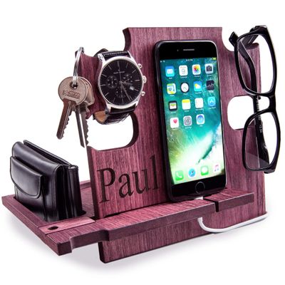 Personalized Docking Station Nightstand Organizer Accessories Essentials Holder Smartphone Support Phone Stand, 5th Traditional for Husband for Men (Rosewood)